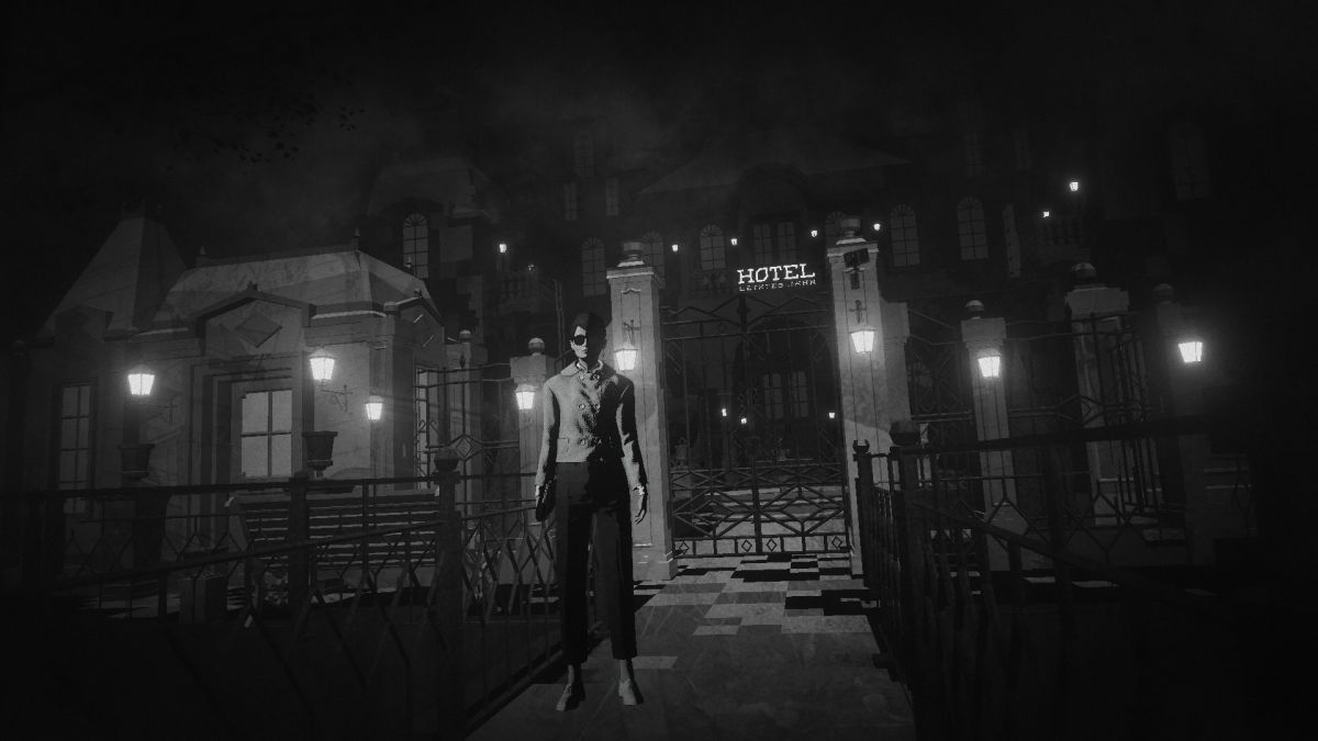  Lorelei and the Laser Eyes hotel scene, with a character standing in front of the entrance