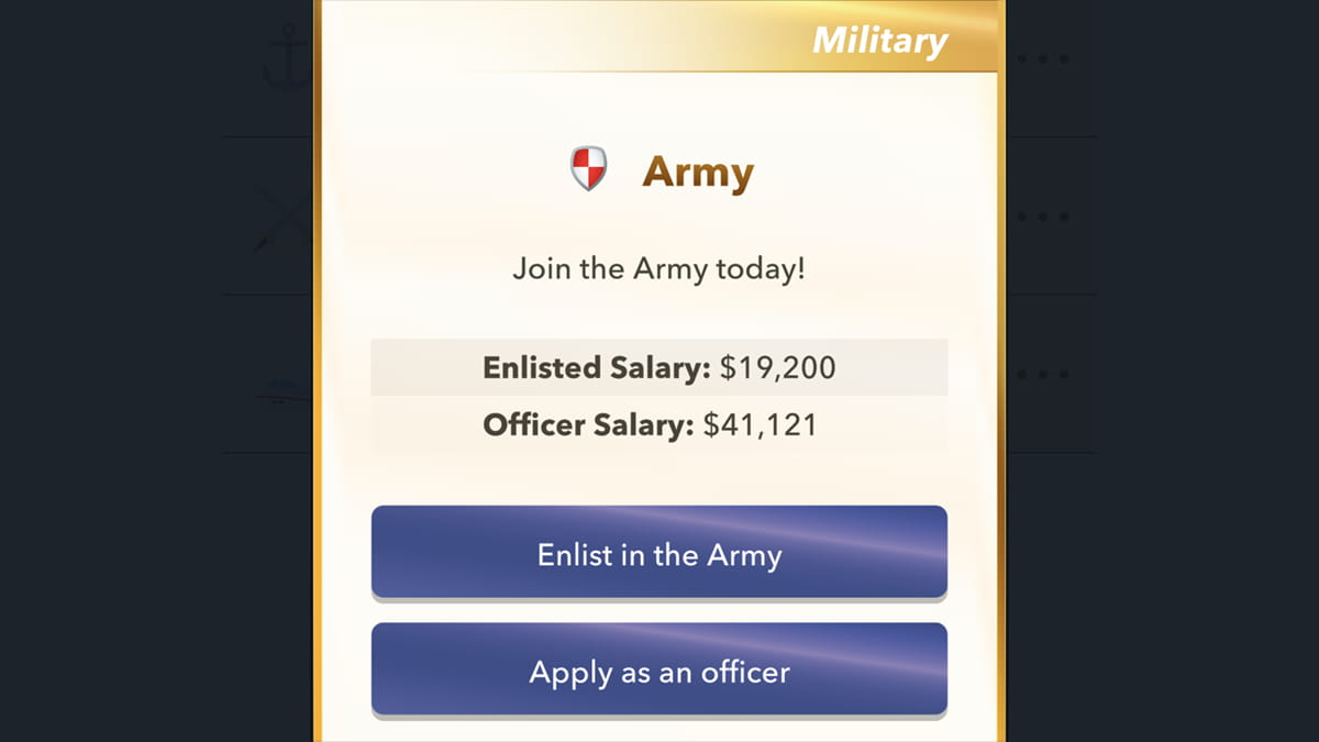 BitLife army in the military menu