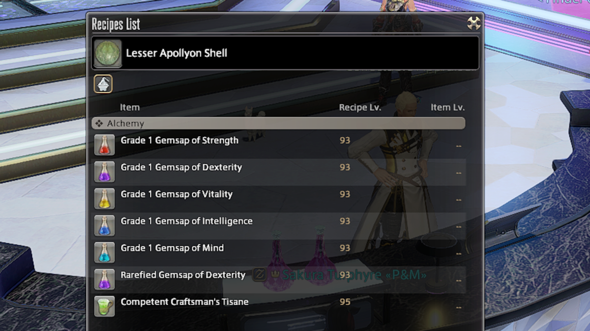Recipes made using Lesser Apollyon Shells in Final Fantasy XIV