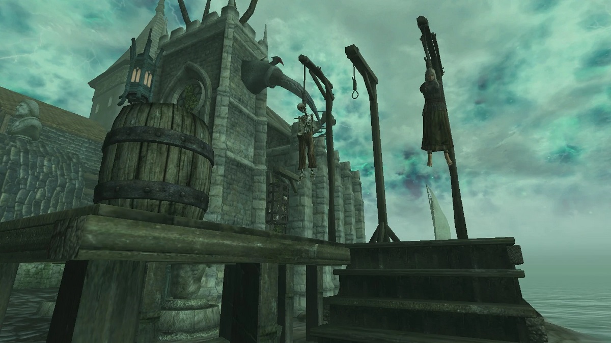 Oblivion: a grim image from the Citadel of Madness mod, showing people being hanged by a stone building.